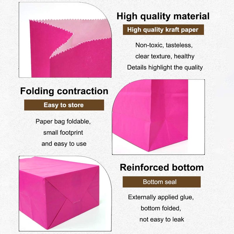KEYYOOMY 100 CT Small Hot Pink Paper Bags Hot Pink Party Goodie Bags Party Favor Bag Paper Lunch Bag (100 CT, 3.1 X 5.1 X 9.4 In) - Image 4